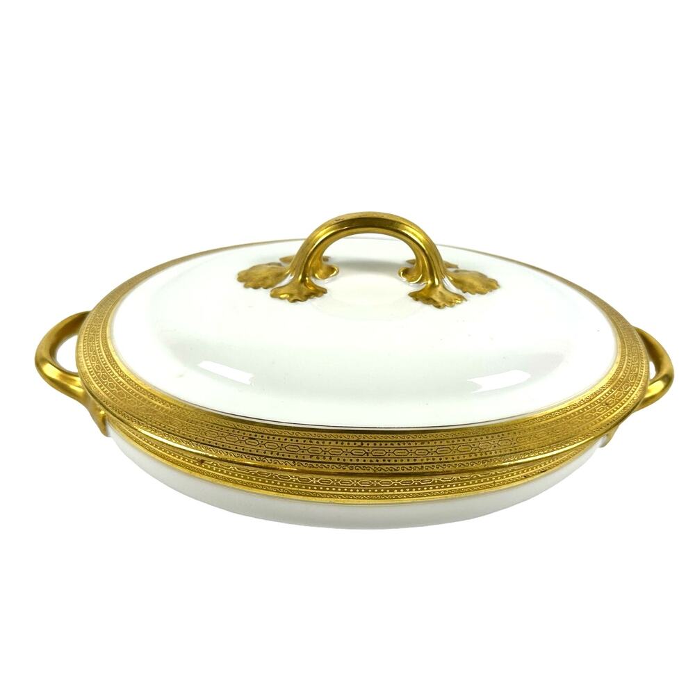 Wm Guerin & Co Limoges France White Antique Covered Serving Dish Gold Accents!